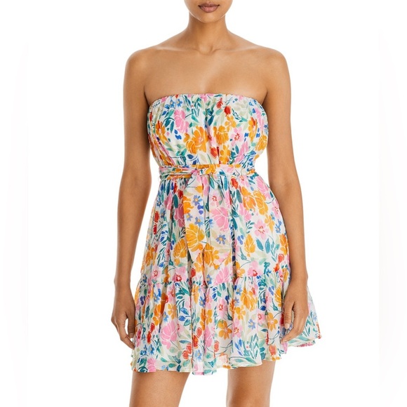 NWT- Aqua- Strapless Tie Waist Floral Mini Dress- Size Medium - Picture 2 of 8